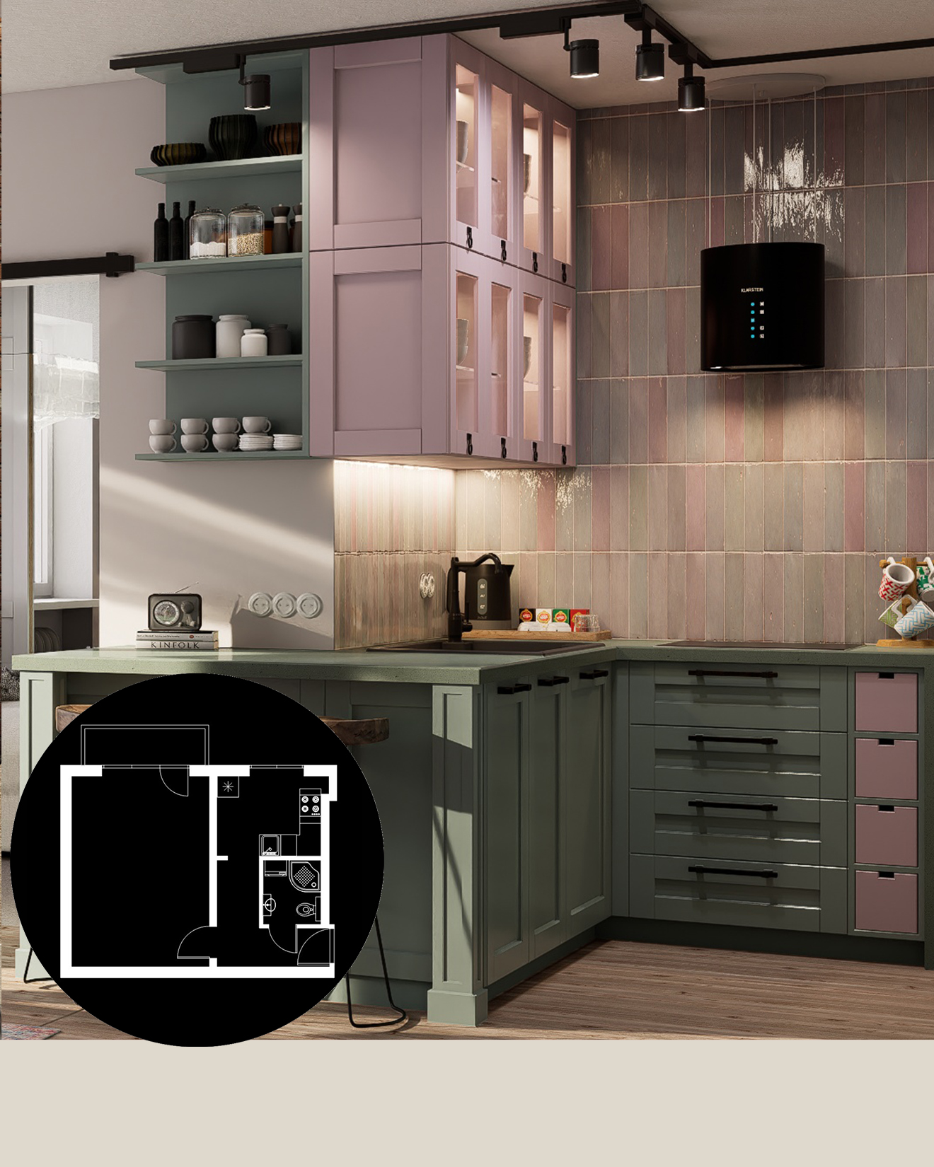 różowa kuchnia zielone fronty blat corian płytki artisan
